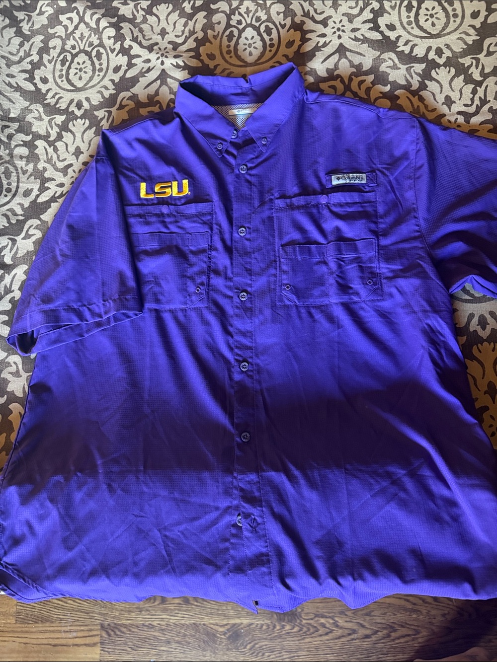 Columbia Purple LSU Short-Sleeve Fishing Shirt